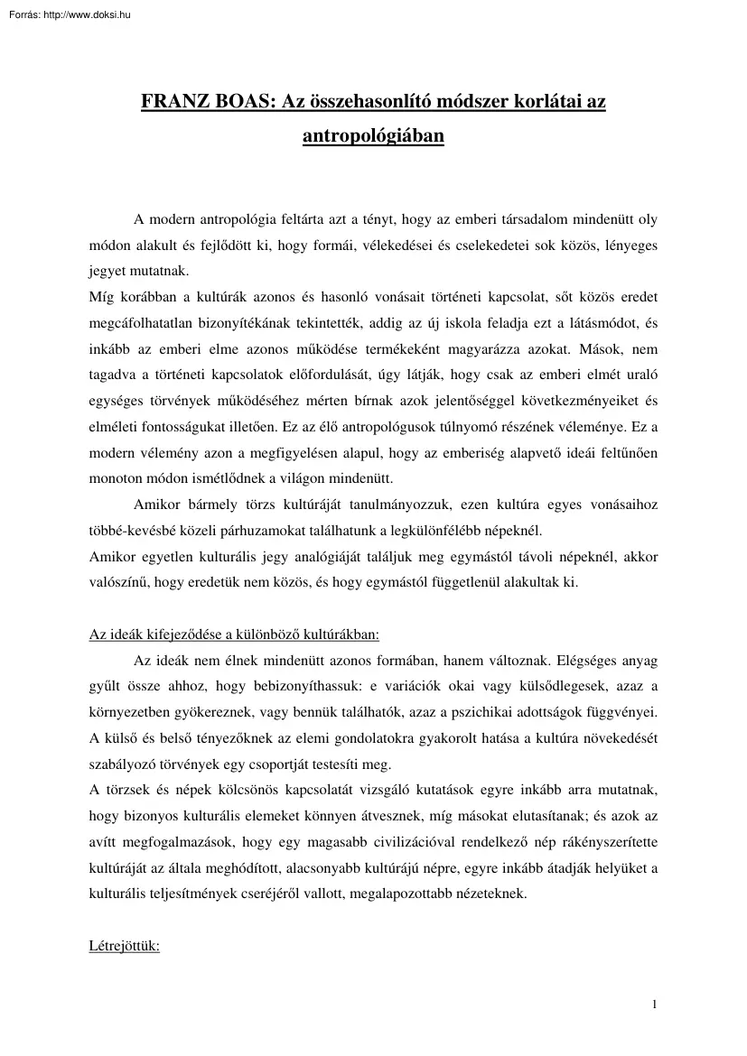 Franz Boas - Az összehasonlító módszer korlátai az antropológiában