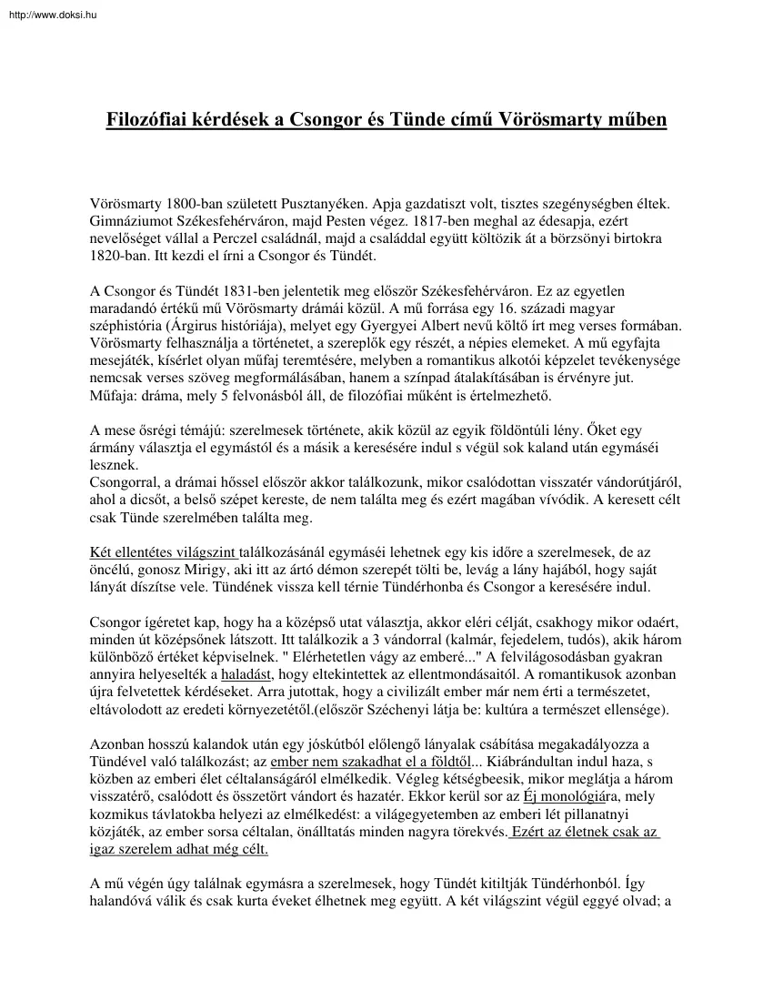 Filozófiai kérdések a Csongor és Tünde című Vörösmarty műben