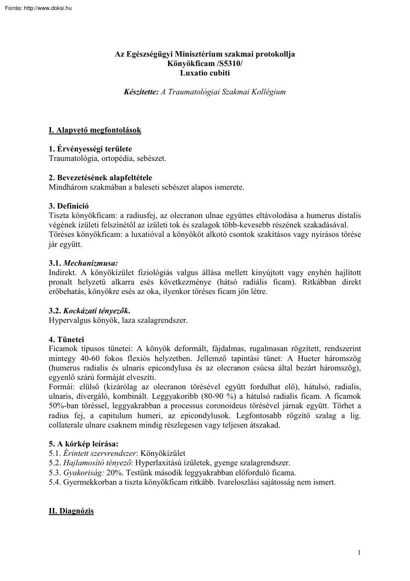 Az Egészségügyi Minisztérium szakmai protokollja, könyökficam