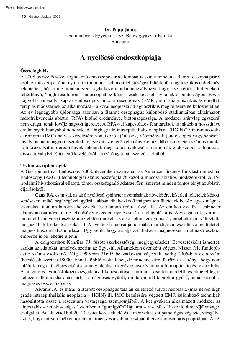 Dr. Papp János - A nyelőcső endoszkópiája