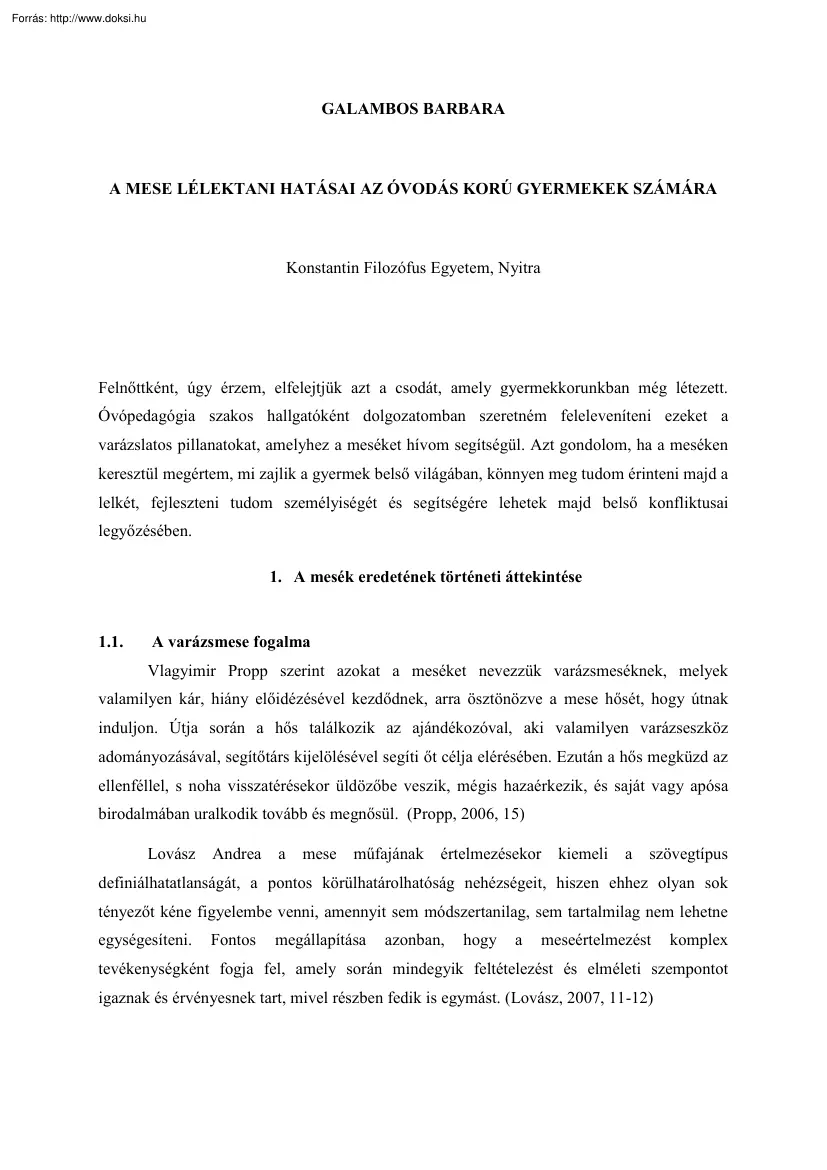 Galambos Barbara - A mese lélektani hatásai az óvodás korú gyermekek számára