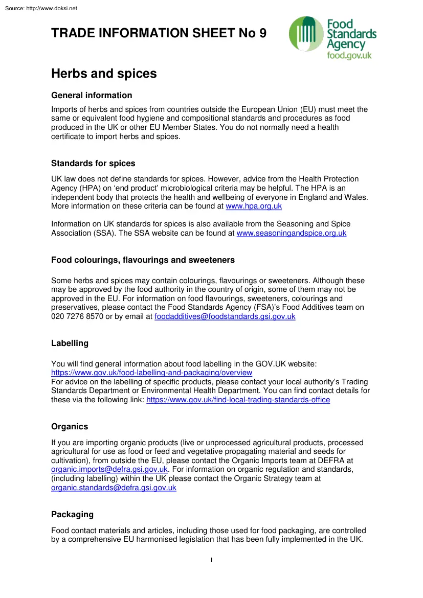 Herbs and Spices, Trade Information Sheet
