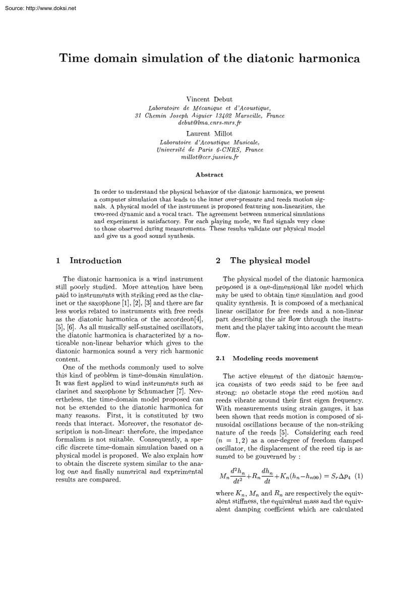 Debut-Millot - Time Domain Simulation of the Diatonic Harmonica