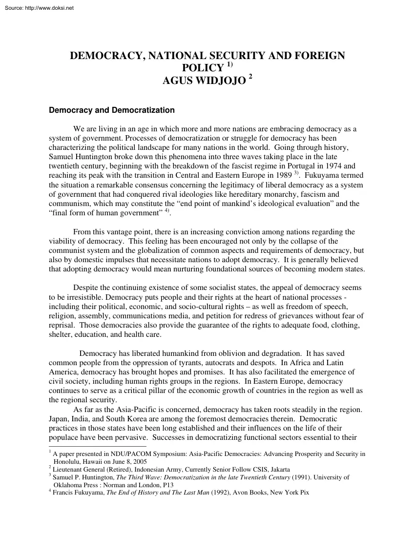 Agus Widjojo - Democracy, National Security and Foreign Policy
