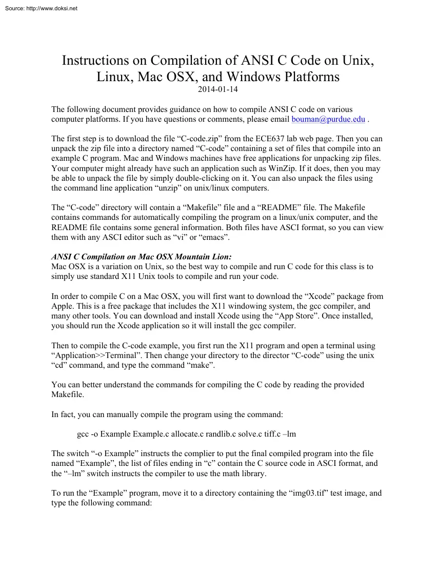 Instructions on Compilation of ANSI C Code on Unix, Linux, Mac OSX, and Windows Platforms
