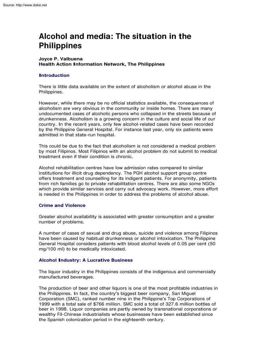 Joyce P. Valbuena - Alcohol and Media, The Situation in the Philippines