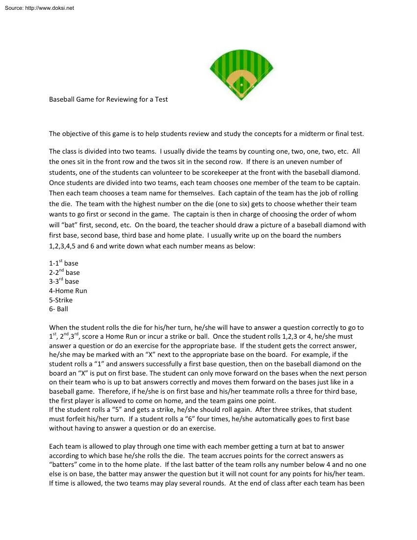 Baseball Game for Reviewing for a Test
