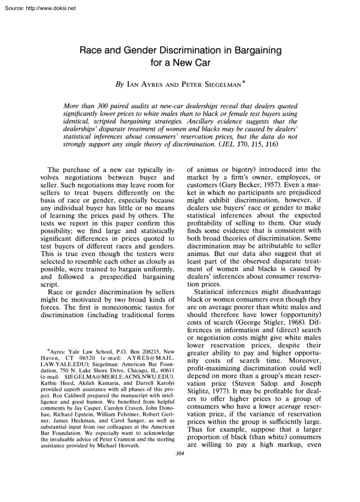 Ayres-Siegelman - Race and Gender Discrimination in Bargaining for a New Car
