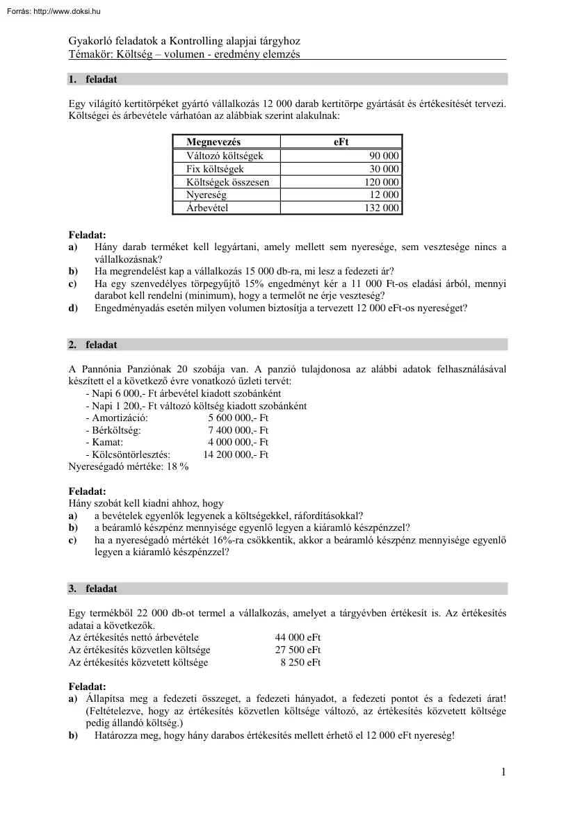 Gyakorló feladatok a Kontrolling alapjai tárgyhoz