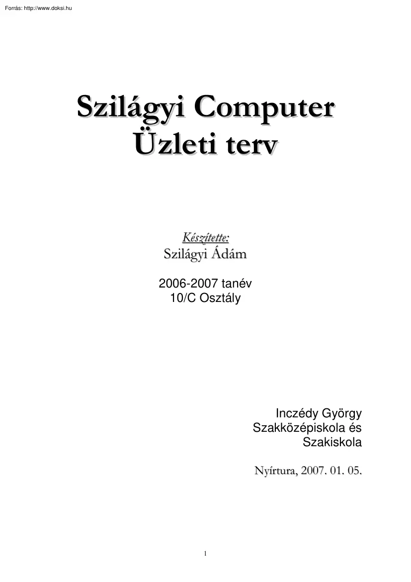 Szilágyi Ádám - A Szilágyi Computer üzleti terve