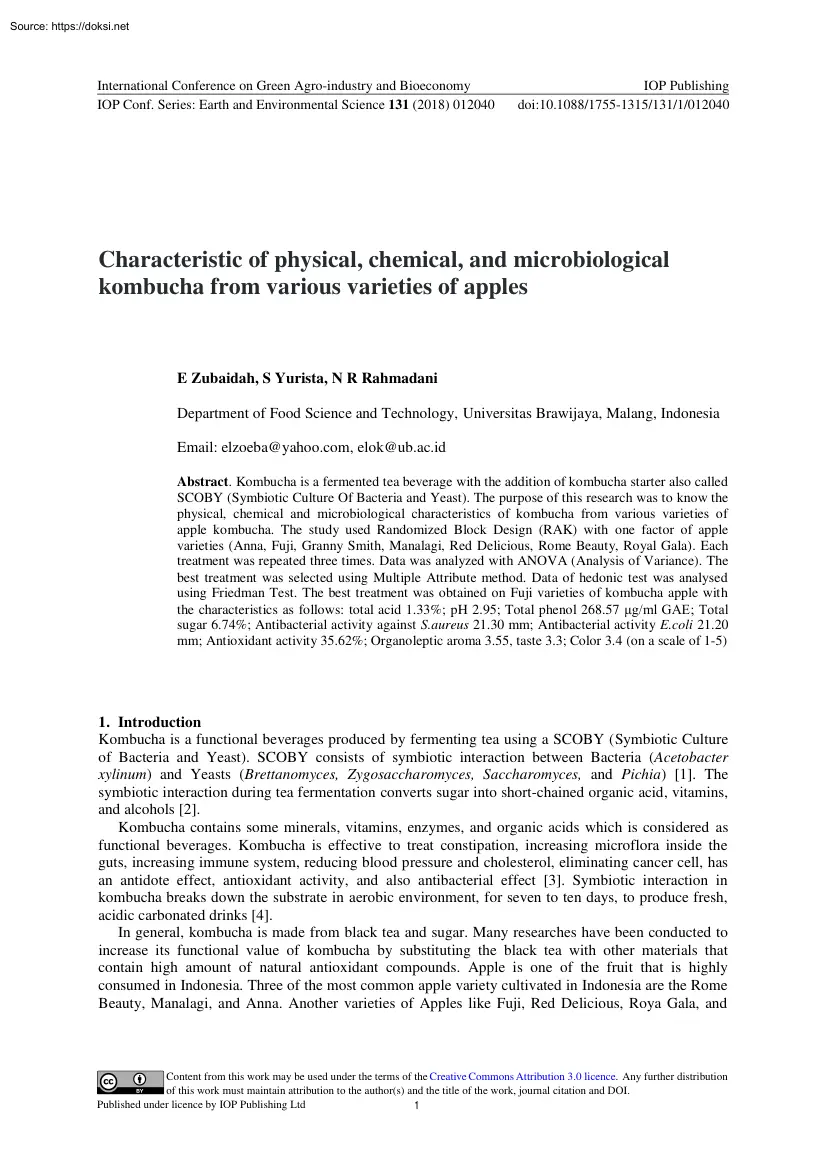 Characteristic of physical, chemical, and microbiological kombucha from various varieties of apples