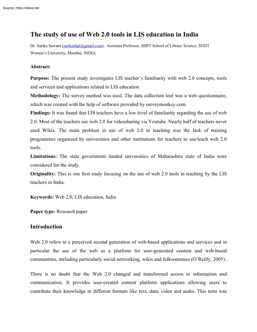 Dr. Sarika Sawant - The Study of Use of Web 2.0 Tools in LIS Education in India