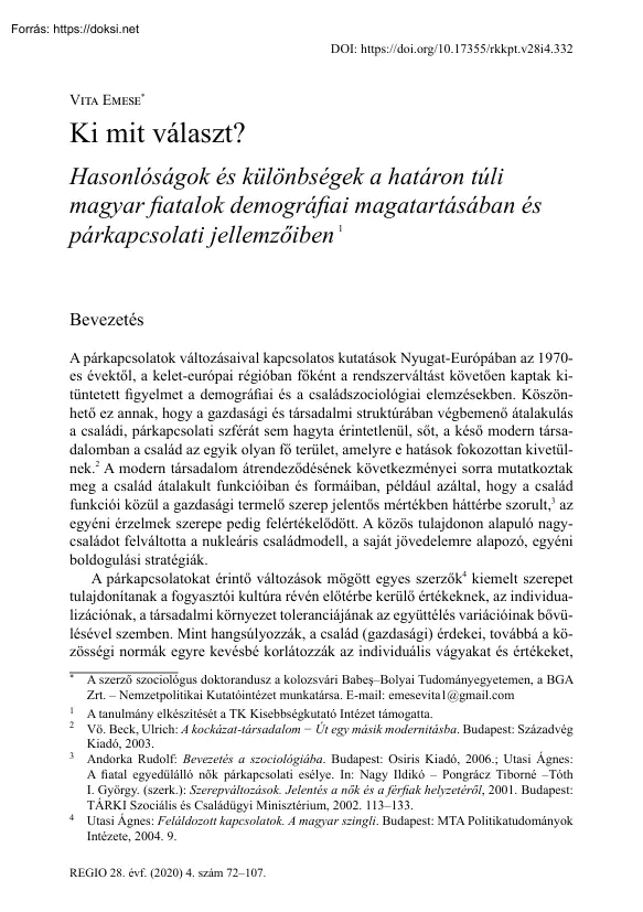 Vita Emese - Ki mit választ, hasonlóságok és különbségek a határon túli magyar fiatalok