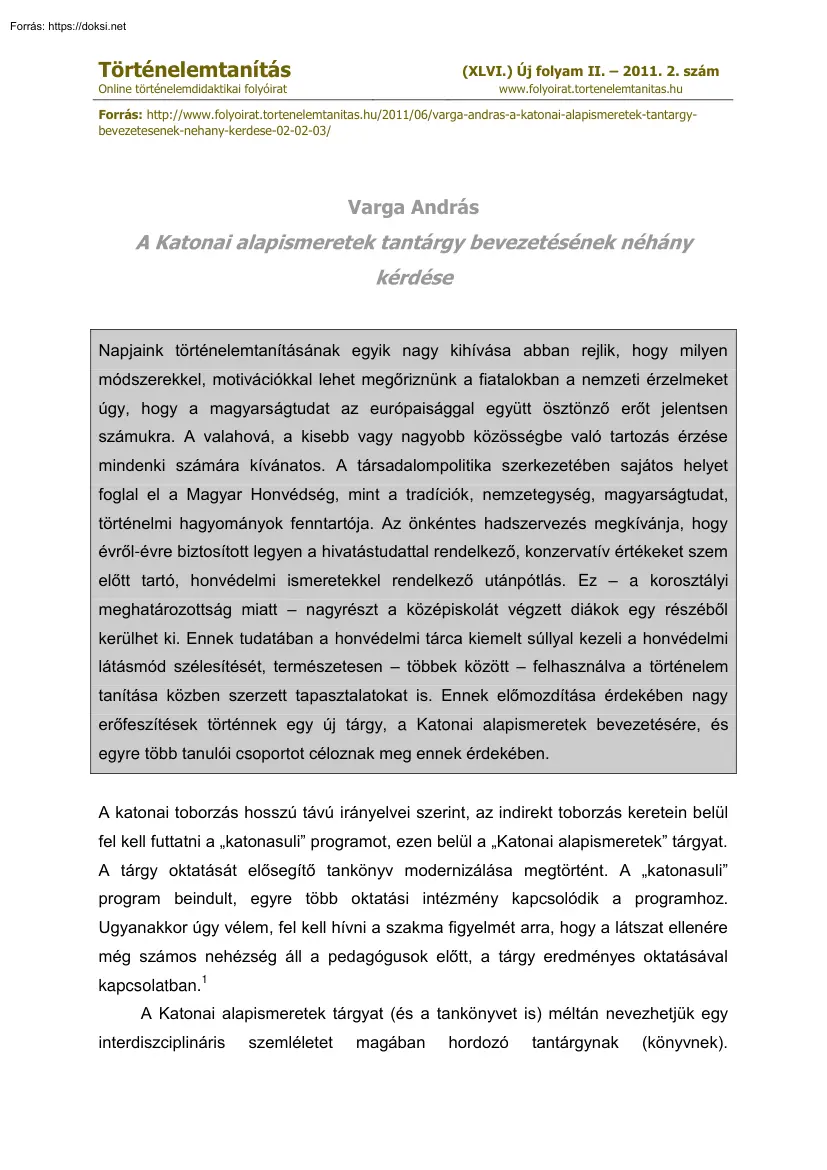 Varga András - A katonai alapismeretek tantárgy bevezetésének néhány kérdése