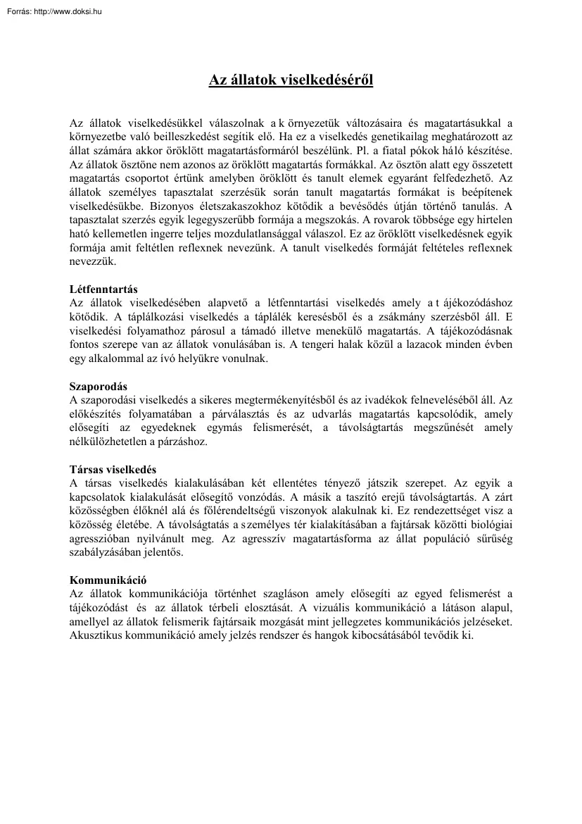 Az állatok viselkedéséről