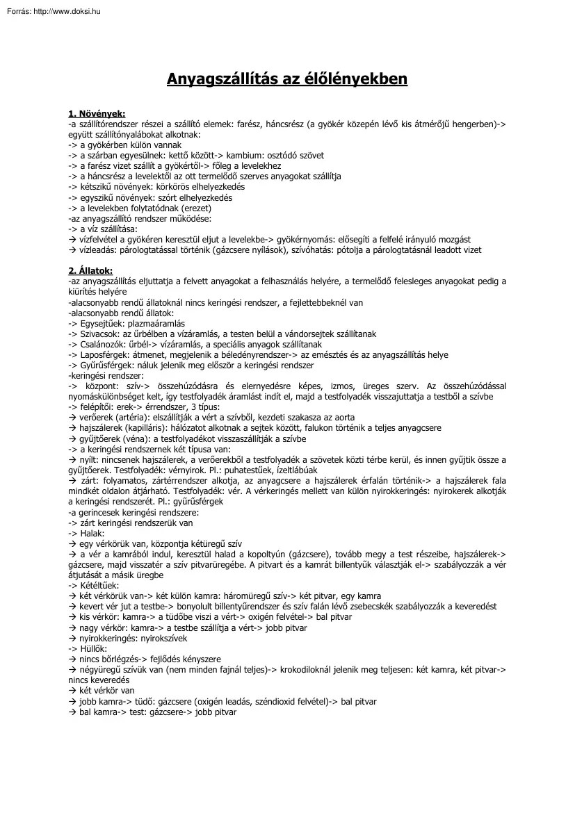 Anyagszállítás az élőlényekben