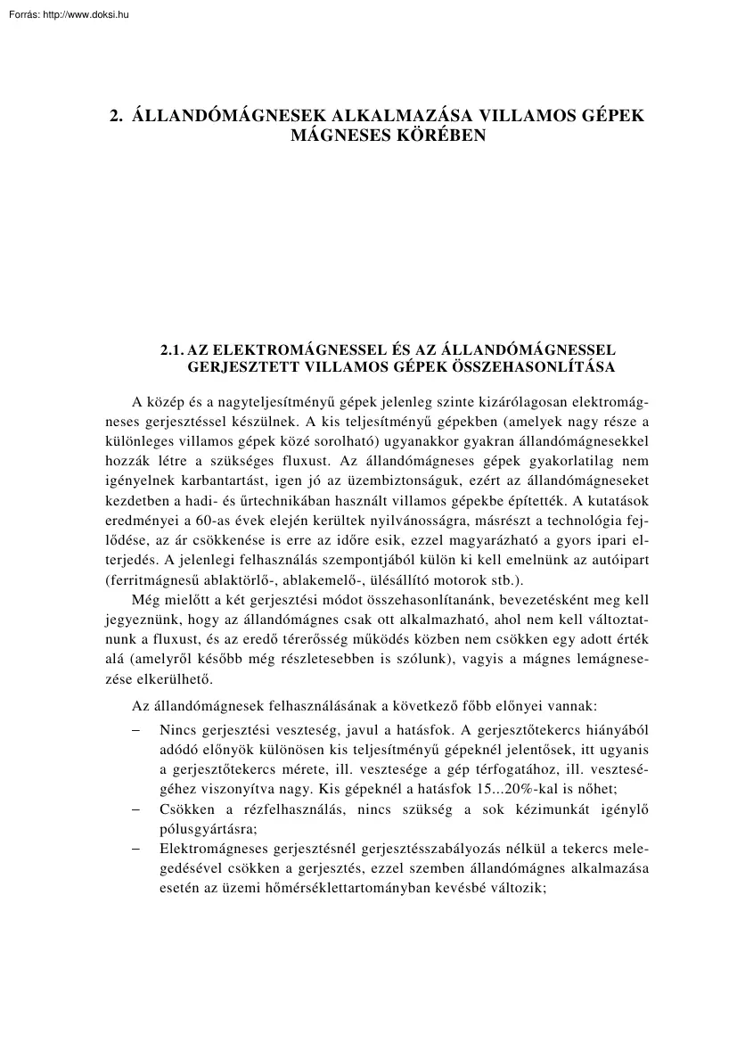 Állandómágnesek alkalmazása villamos gépek mágneses körében