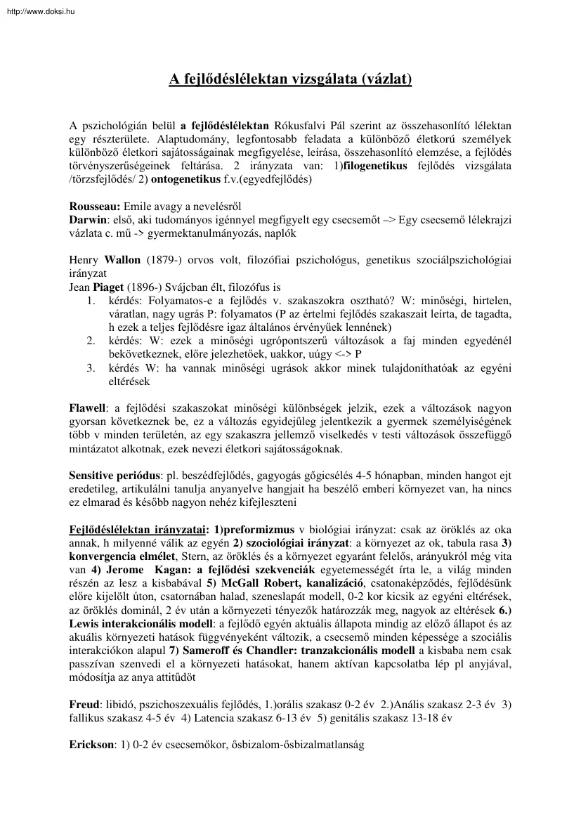A fejlődéslélektan vizsgálata (vázlat)