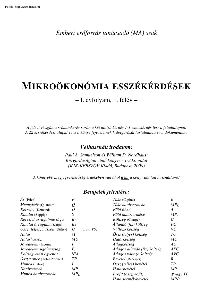 Mikroökonómia esszékérdések