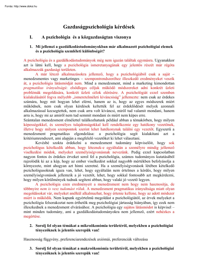 Gazdaságpszichológia kérdések