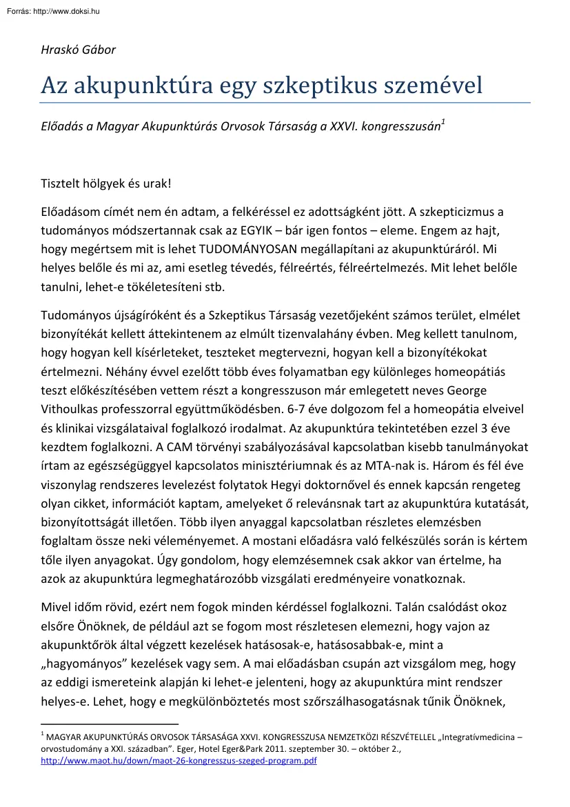 Hraskó Gábor - Az akupunktúra egy szkeptikus szemével
