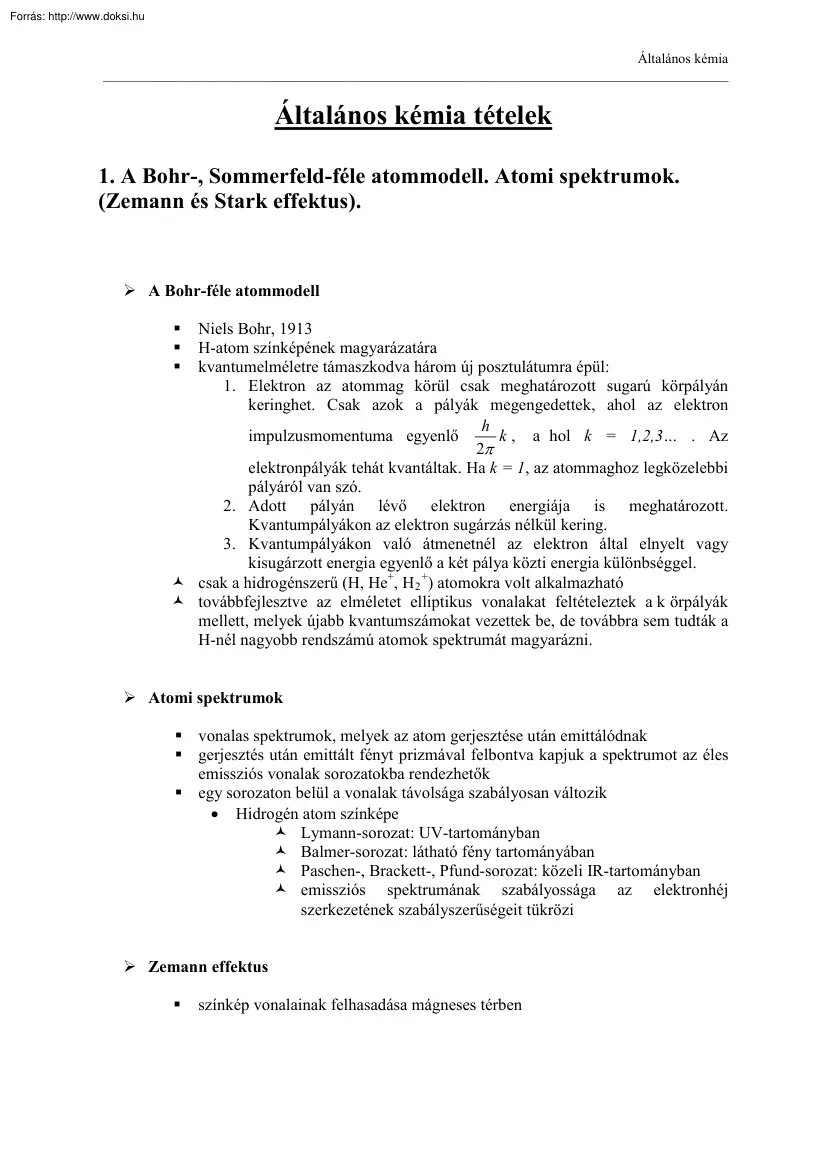 Általános kémia tételek