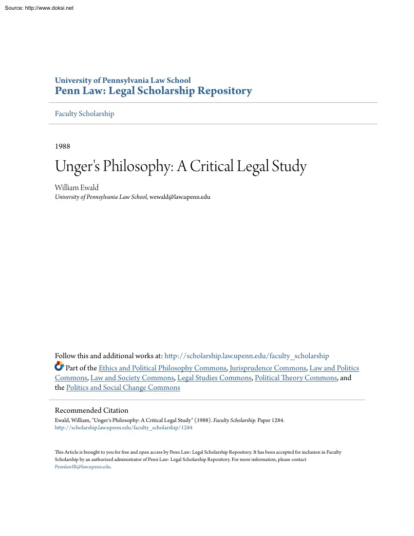 William Ewald - Ungers Philosophy, A Critical Legal Study