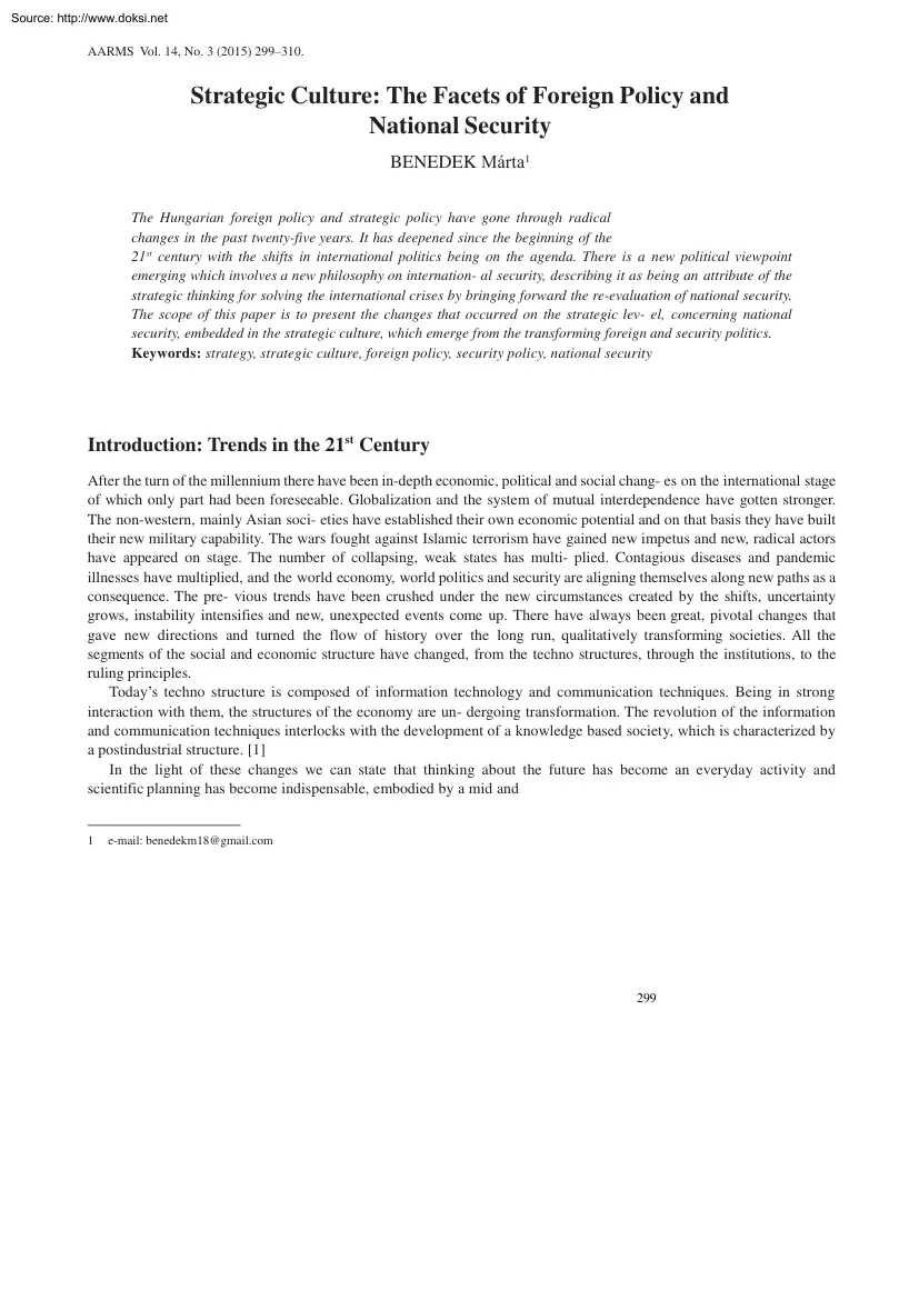 Benedek Márta - Strategic Culture, The Facets of Foreign Policy and National Security