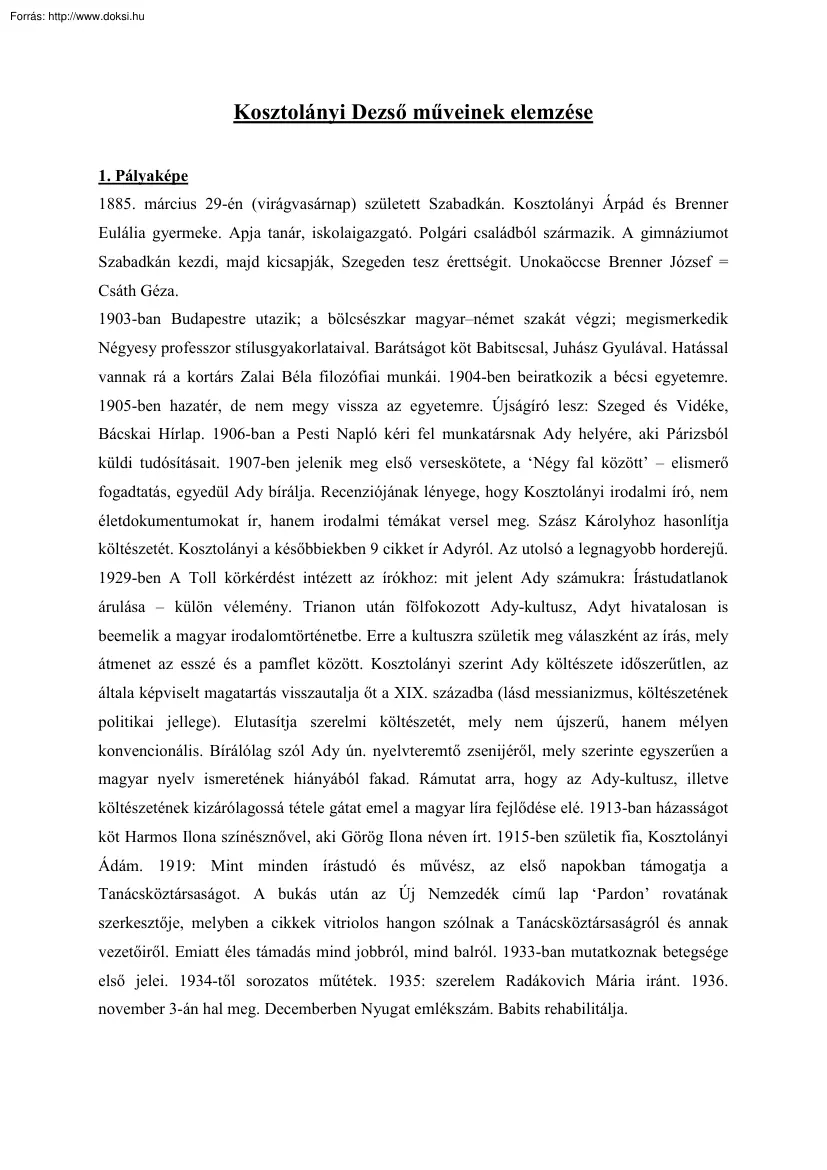Kosztolányi Dezső műveinek elemzése