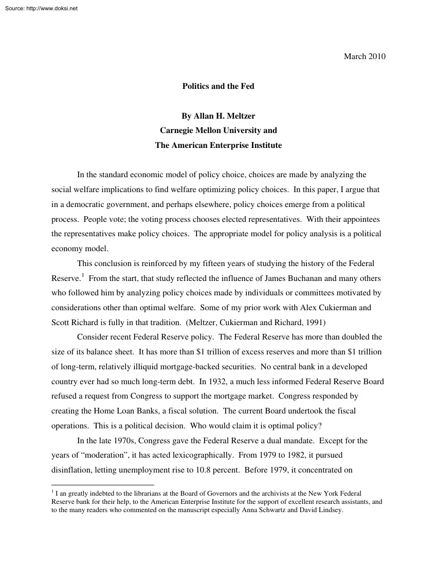 Allan H. Meltzer - Politics and the Fed