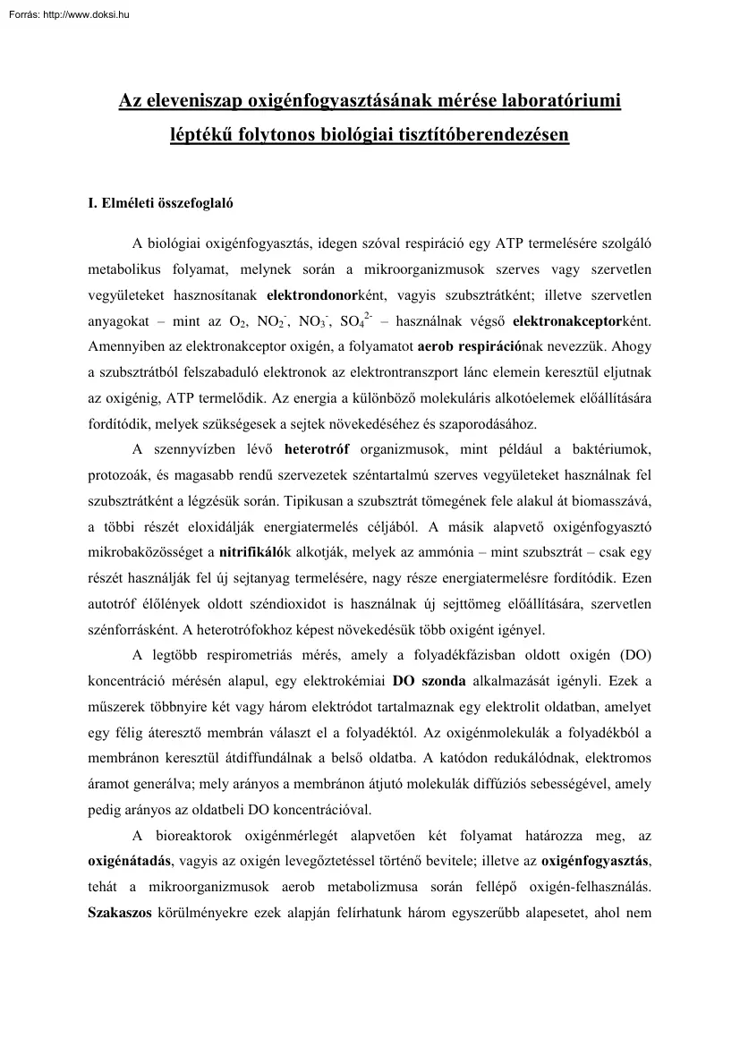 Az eleveniszap oxigénfogyasztásának mérése laboratóriumi léptékű folytonos biológiai
