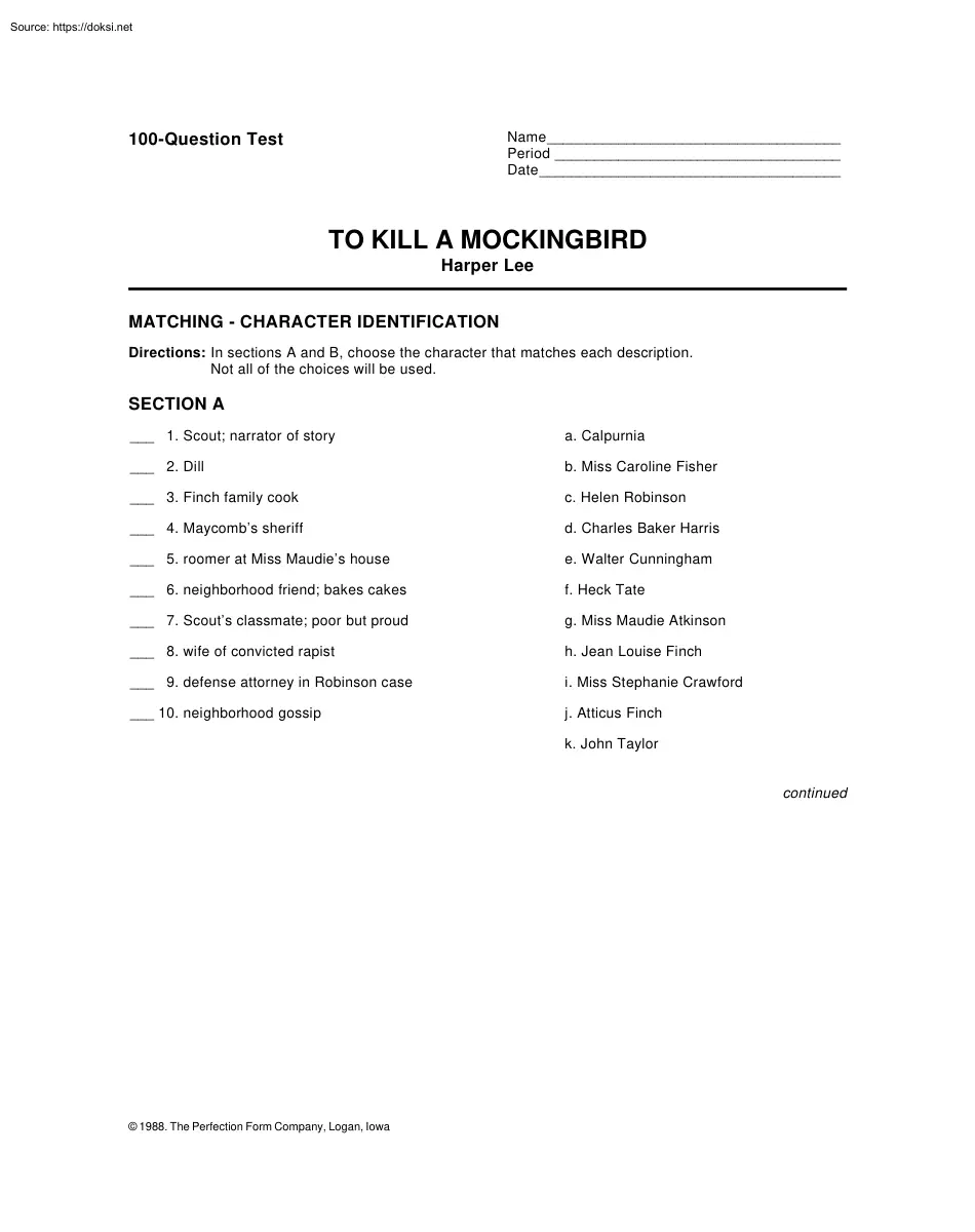 To Kill a Mockingbird by Harper Lee, 100 Question Test with Answers