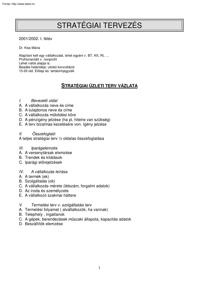 Dr. Kiss Mária - Stratégiai tervezés I