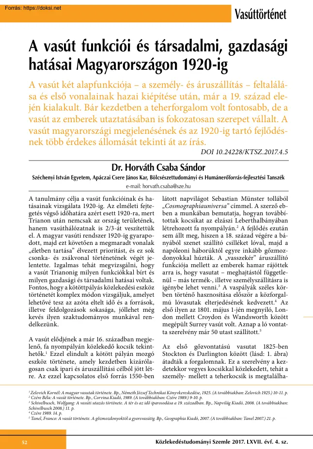 Dr. Horváth Csaba Sándor - A vasút funkciói és társadalmi, gazdasági hatásai