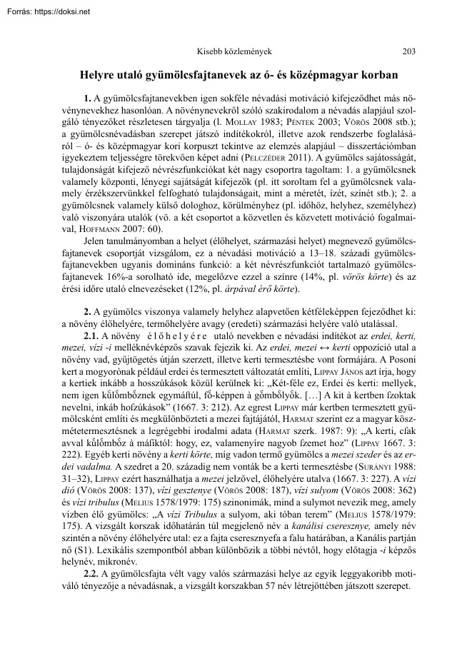 Helyre utaló gyümölcsfajtanevek az ó- és középmagyar korban