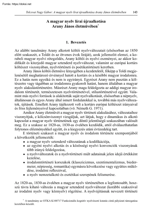 Tolcsvai Nagy Gábor - A magyar nyelv lírai újraalkotása Arany János életművében