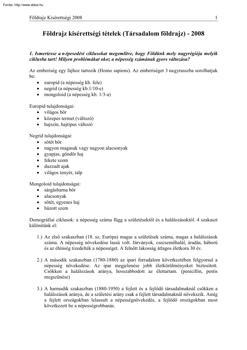 Földrajz kisérettségi tételek (Társadalom földrajz), 2008