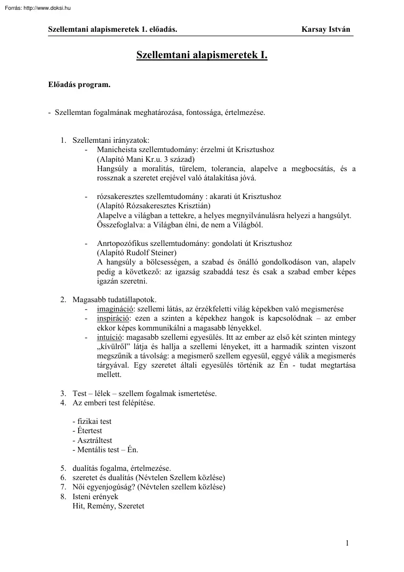 Karsay István - Szellemtani alapismeretek I