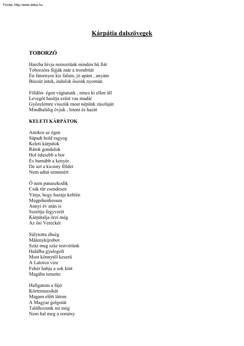 Kárpátia dalszövegek
