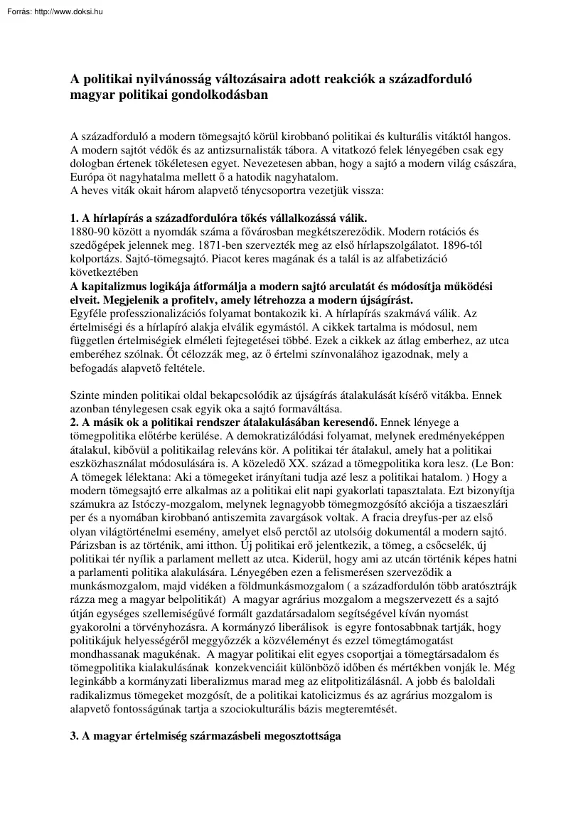 A politikai nyilvánosság változásaira adott reakciók a századforduló magyar politikai