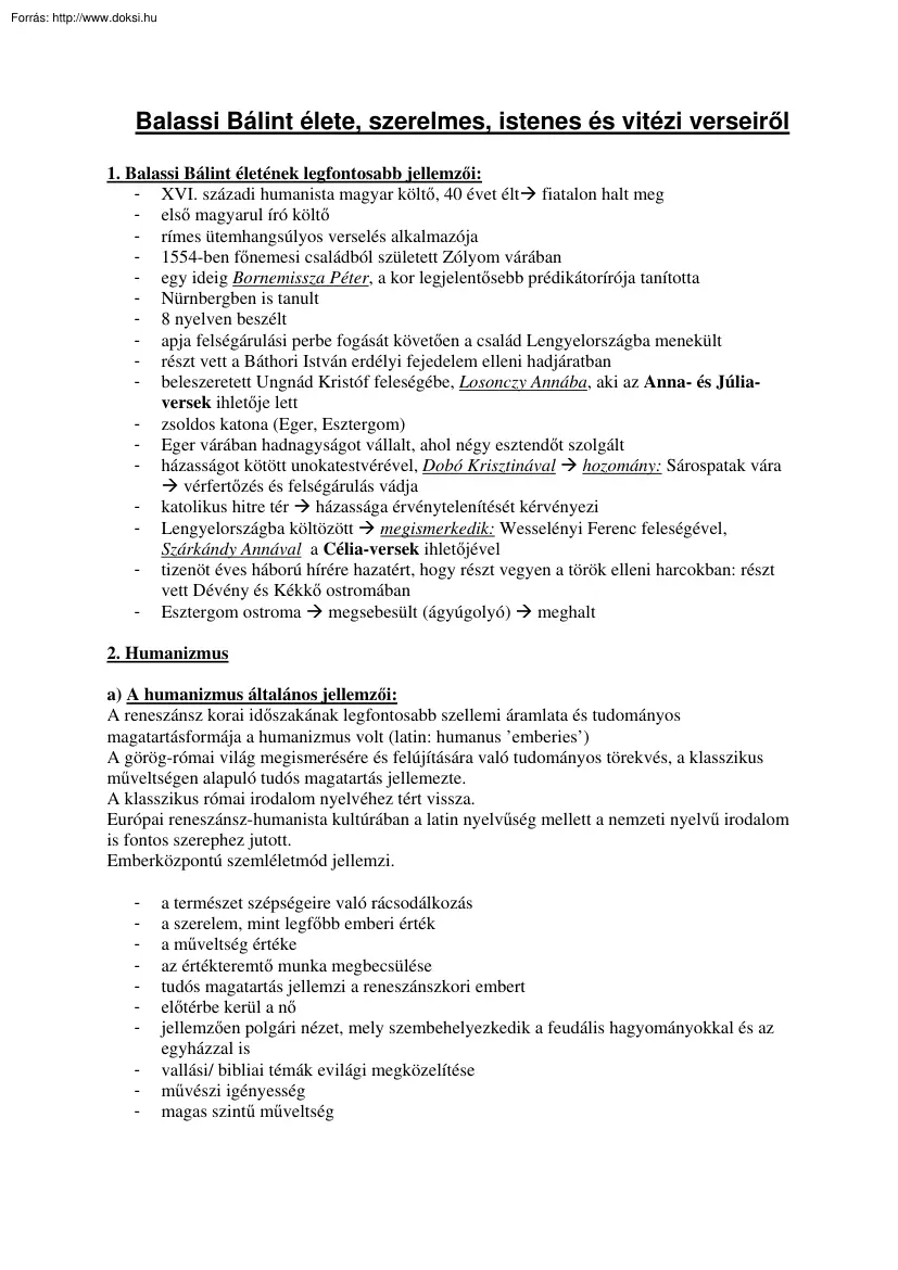 Balassi Bálint élete, szerelmes, istenes és vitézi verseiről