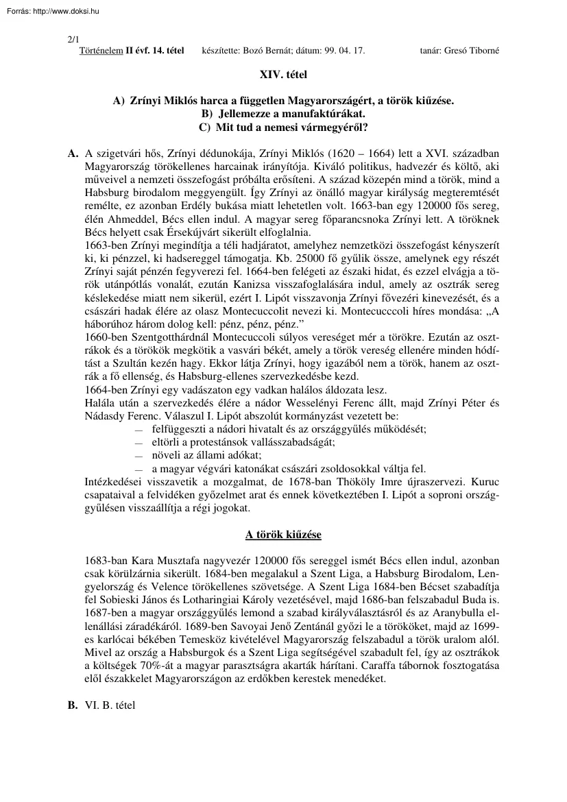 Bozó Bernát - Zrínyi Miklós harca a független Magyarországért, a török kiűzése