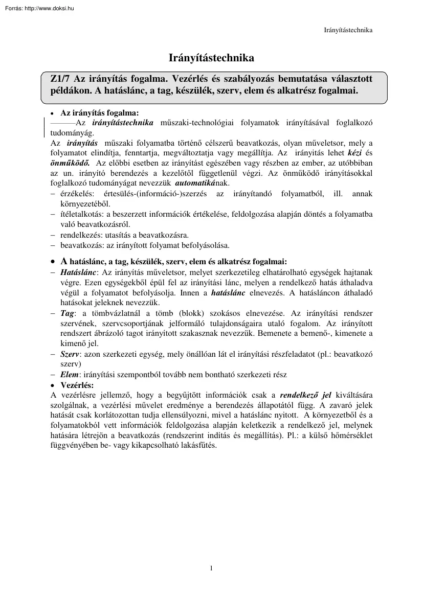 Irányítástechnika tételek, 2001