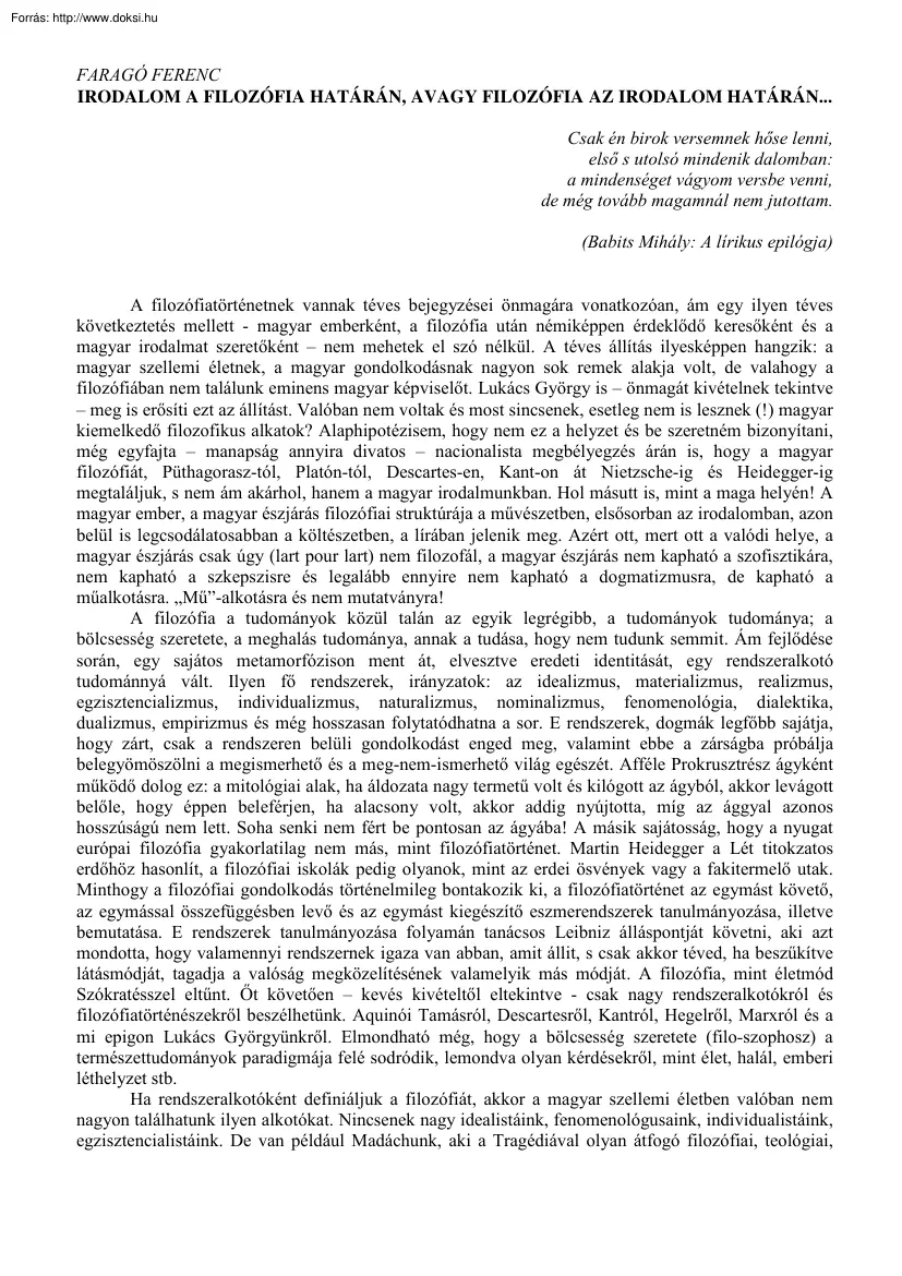 Faragó Ferenc - Irodalom a filozófia határán, avagy filozófia az irodalom határán