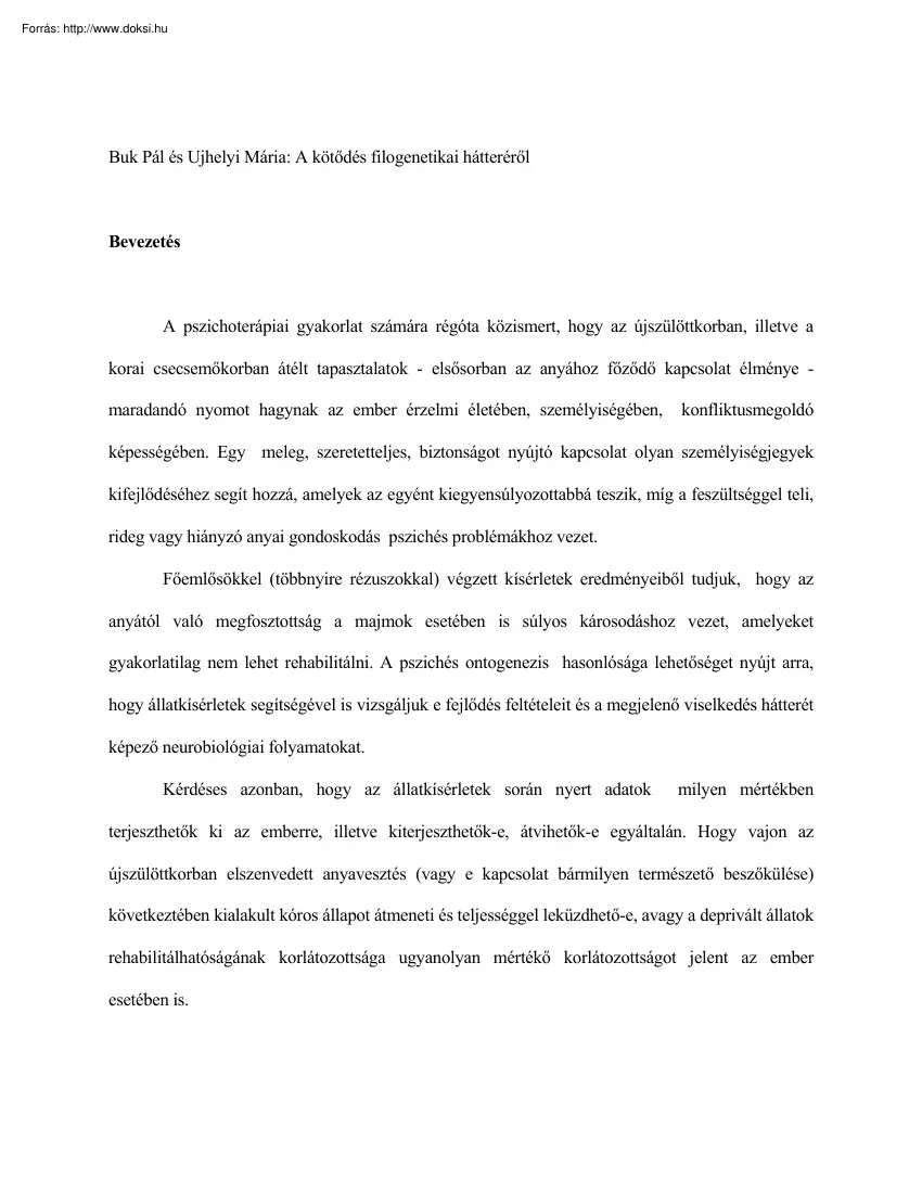 Buk-Ujhelyi - A kötődés filogenetikai hátteréről