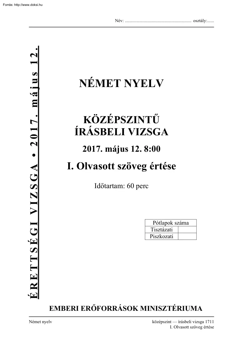 Német közép szintű írásbeli érettségi vizsga, megoldással, 2017