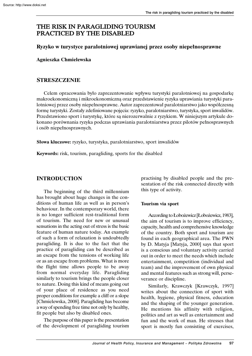 Agnieszka Chmielewska - The Risk in Paragliding Tourism Practised by the Disabled