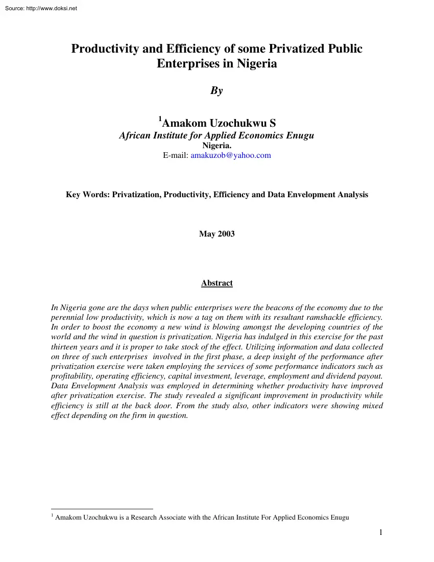 Amakom Uzochukwu S - Productivity and Efficiency of some Privatized Public Enterprises in Nigeria