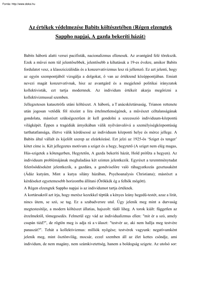 Az értékek védelmezése Babits költészetében