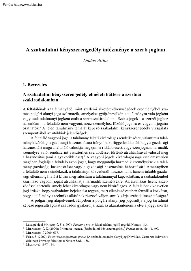 Dudás Attila - A szabadalmi kényszerengedély intézménye a szerb jogban